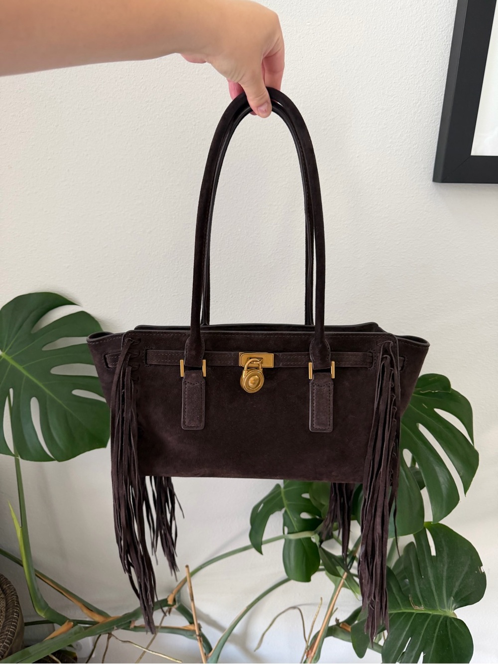 MICHAEL Michael Kors Hamilton Chocolate Brown Suede Fringe East West Tote - Picture 2 of 10